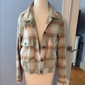 Umgee Tan and Cream Plaid Utility Jacket, NWOT